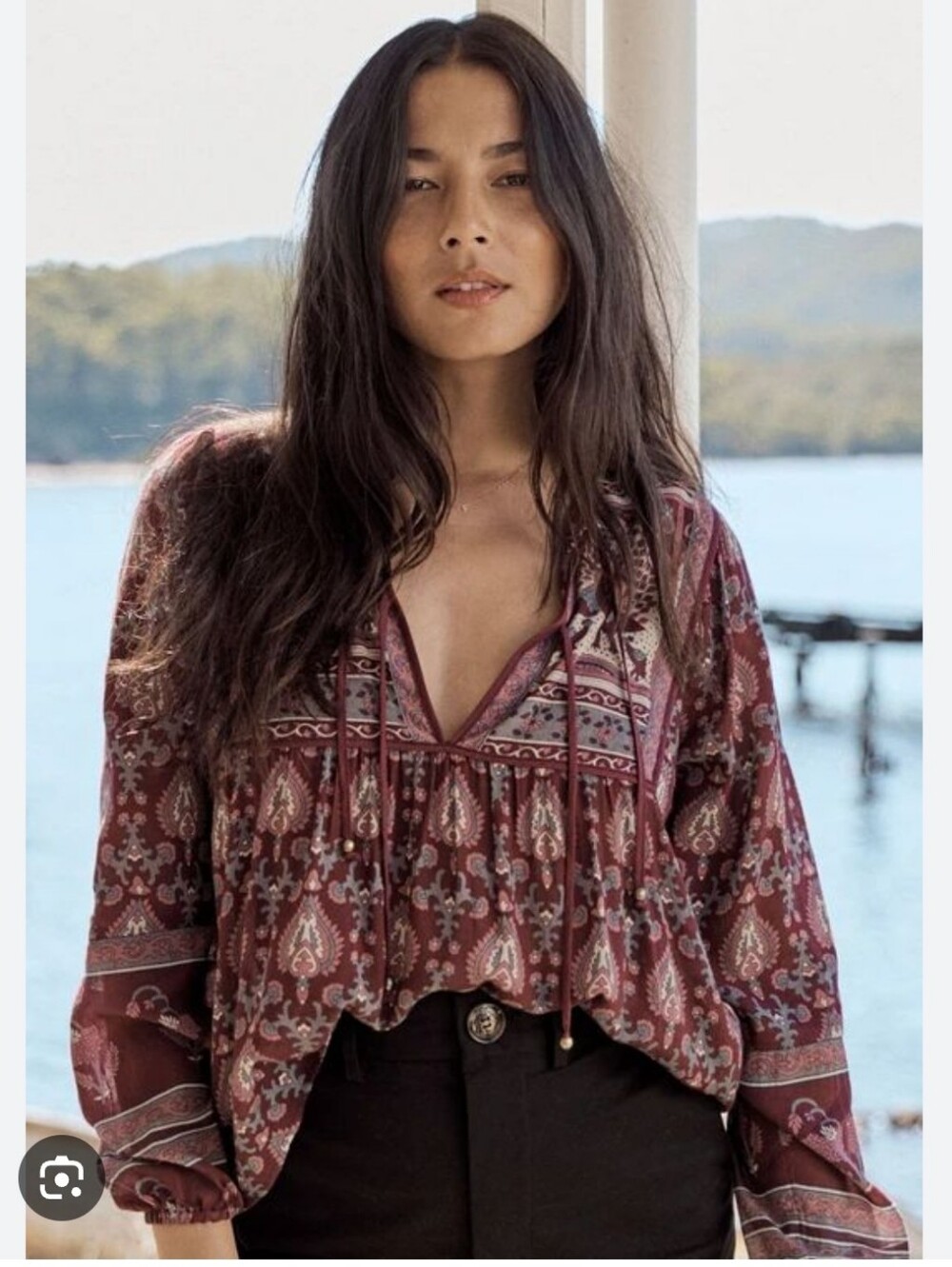 Auguste The Label Maroon Paisley V-Neck Peasant Blouse Size Xs